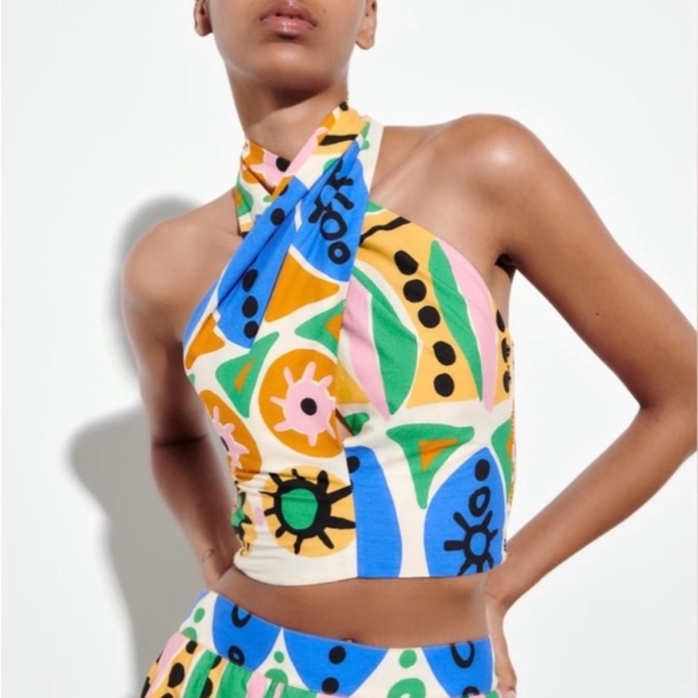 Zara Never Worn Colorful Printed Halter Neck Open Back